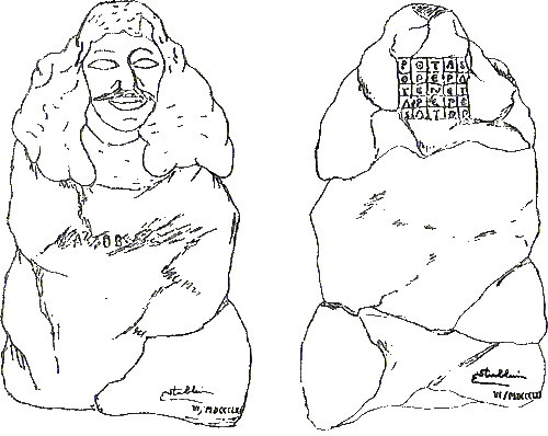 Voor- en achterkant van het stenen hoofd van Cap de l'Homme volgens Pierre Plantard.