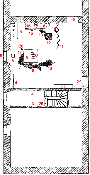 Het plan van het gelijkvloers van de pastorij van Coustaussa