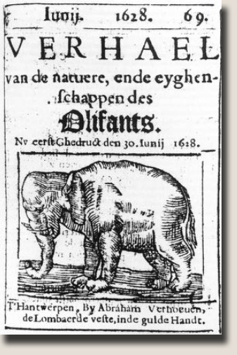 A woodcut retelling the visit of the elephant Don Diego in Antwerp in 1628