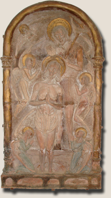 De Doop van Christus door Johannes de Doper, bas-reliëf in de kerk van Rennes-les-Bains